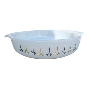 Anchor Hocking Fire-King Casserole Dish 9 Inch Round White Atomic Starburst Gold